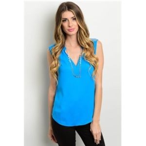 New Blue V-neck Tunic Tank with Lace Back